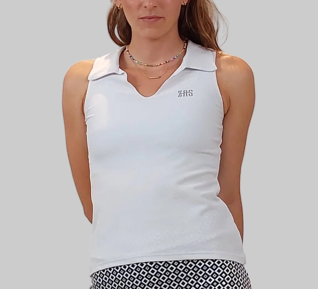 Polo de pádel femenino blanco sin mangas textura de piqué material ecológico color blanco zas