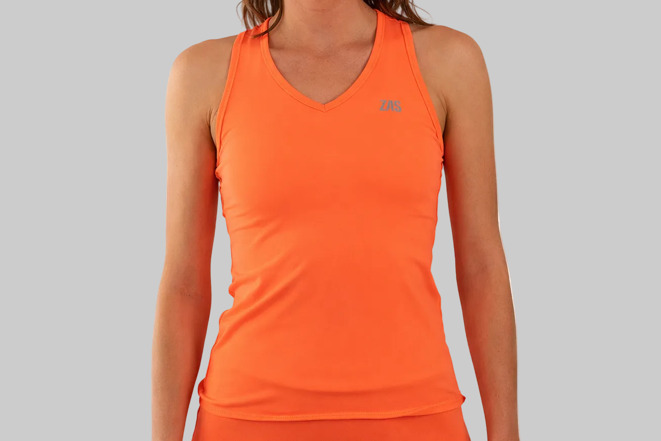 Top técnico de pádel mujer color naranja fluor ZAS STAY con tejido sostenible SEAQUAL